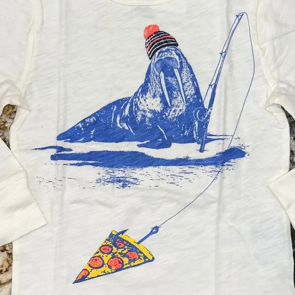 **NWT J. Crew Boys' Ivory W/Fishing Pizza Walrus Graphic Long Sleeve Tee -2